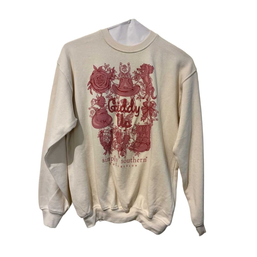 Simply‎ Southern Giddy Up Western Graphic Crewneck Sweatshirt Cream Youth Large